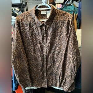 Vintage White Stag Faux Suede Leopard Button Up Shirt, size L